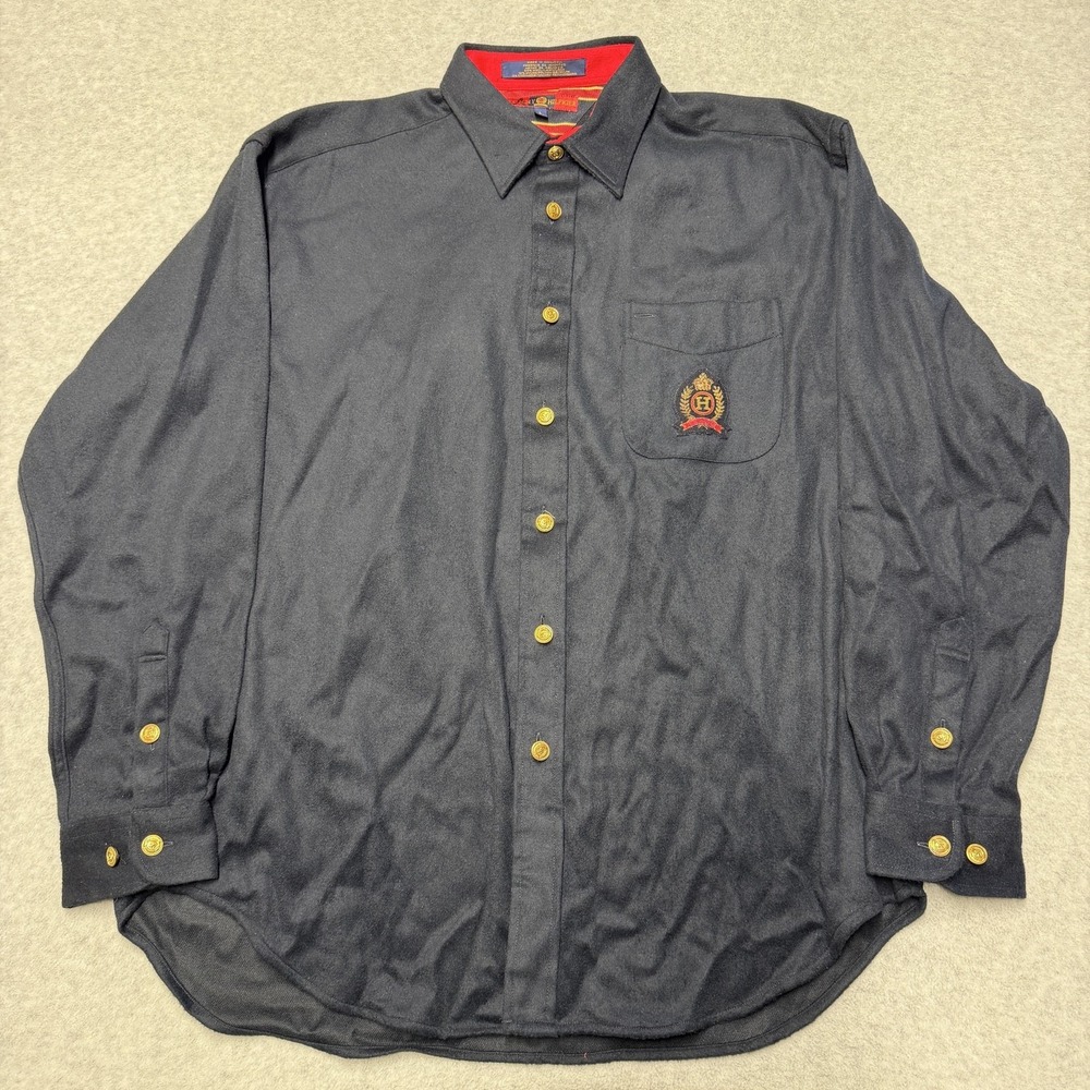 Vintage Tommy Hilfiger Shirt Mens L Blue Flannel Crest Long Sleeve Wool Blend